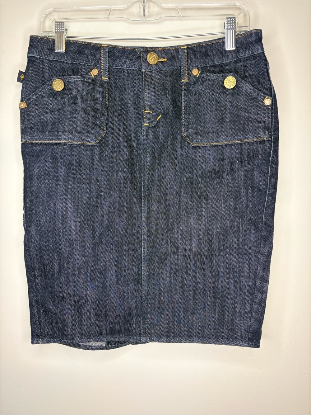 Rock & Republic Dark Blue Denim y2k Skirt with Gold Buttons Size 28/8